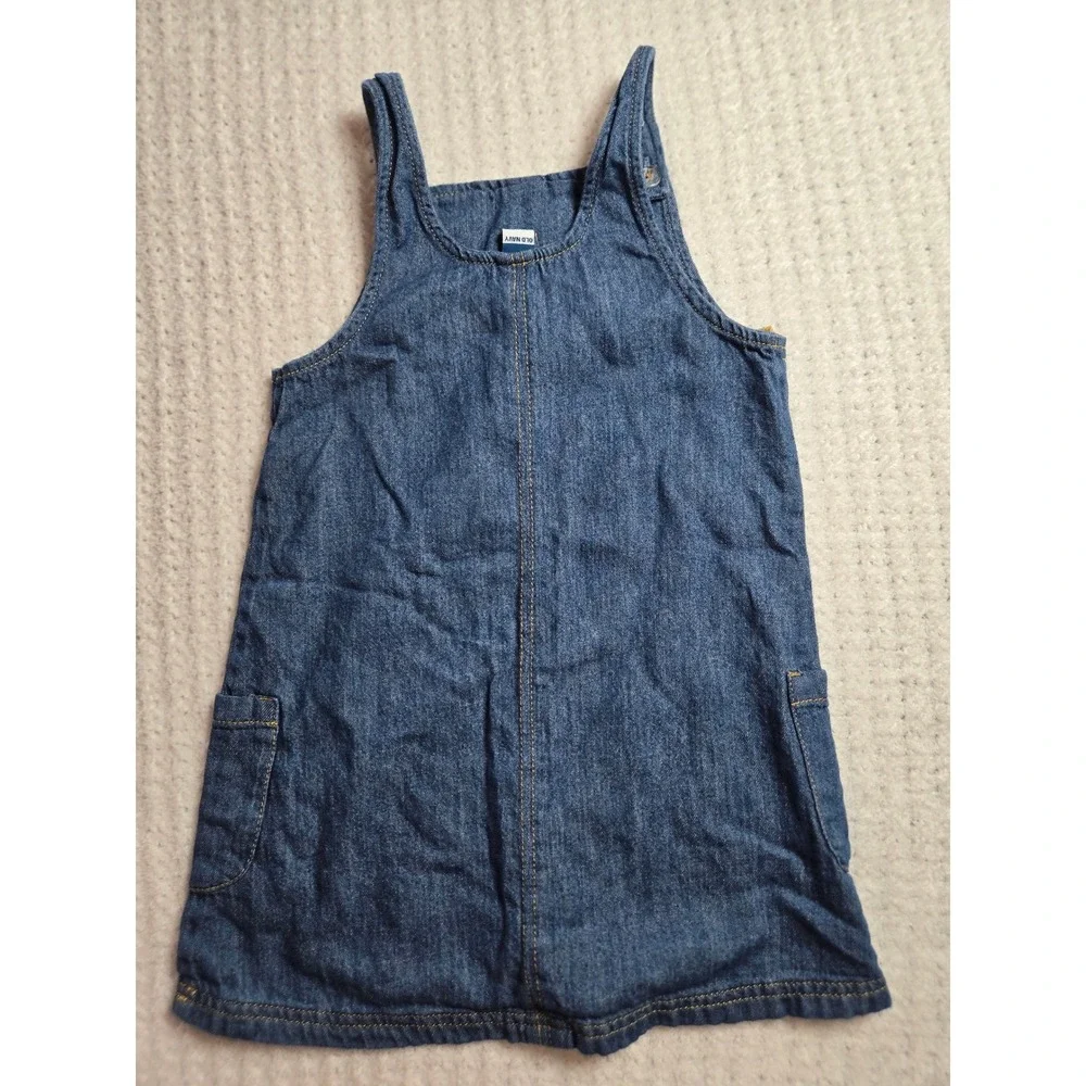 Old Navy Girls 4T Blue Denim Pinafore Jumper Dress Flower Buttons Pocket